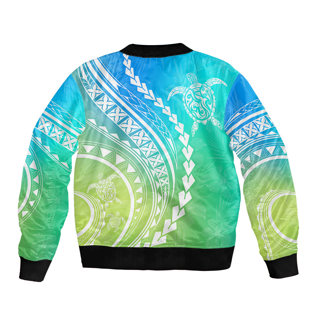 Polynesian Pride Sleeve Zip Bomber Jacket Turtle Hibiscus Luxury Style - Gradient Blue LT7 - Polynesian Pride