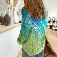 Polynesian Pride Women Casual Shirt Turtle Hibiscus Luxury Style - Gradient Blue LT7 - Polynesian Pride