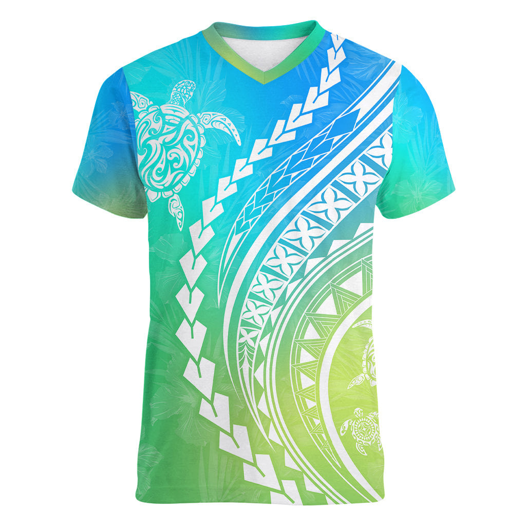 Polynesian Pride Women V Neck T Shirt Turtle Hibiscus Luxury Style - Gradient Blue LT7 Female Blue Green - Polynesian Pride