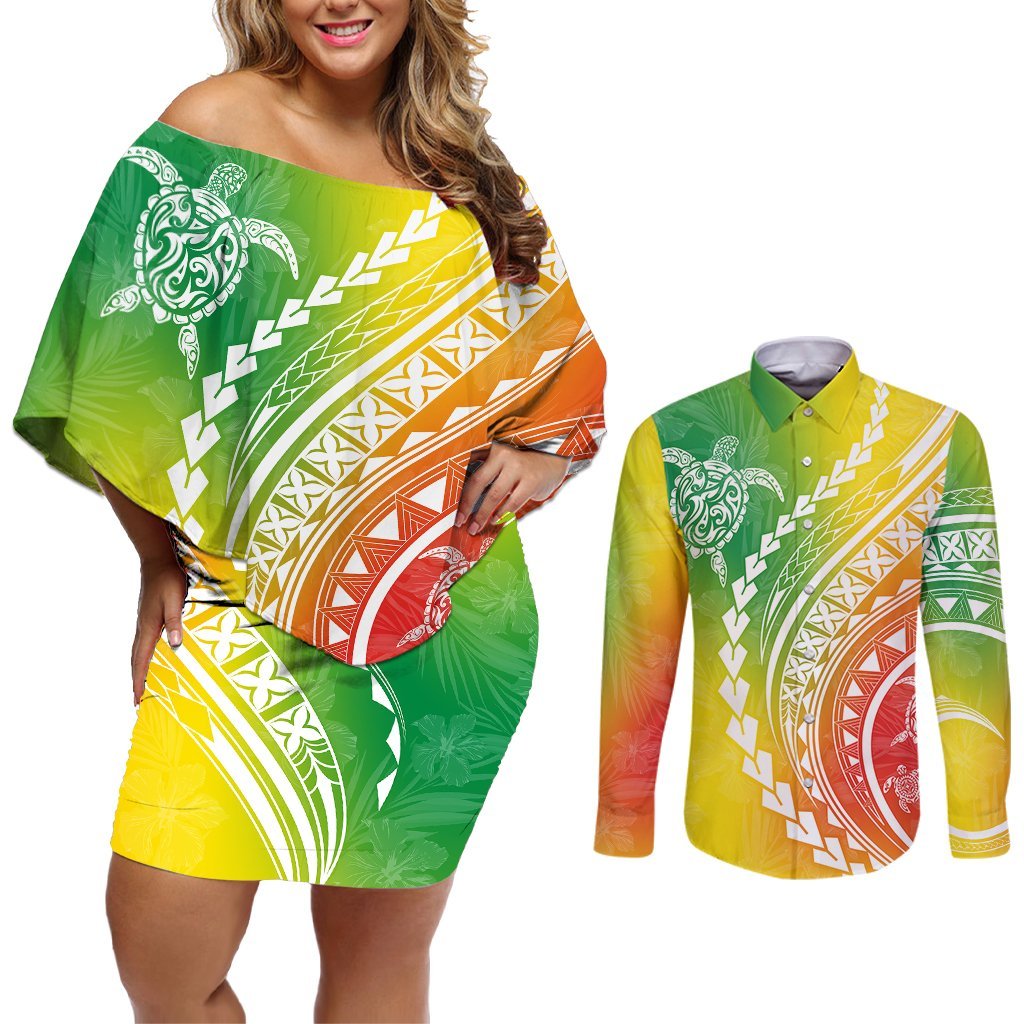 Polynesian Pride Couples Matching Off Shoulder Short Dress and Long Sleeve Button Shirts Turtle Hibiscus Luxury Style - Reggae LT7 Reggae - Polynesian Pride