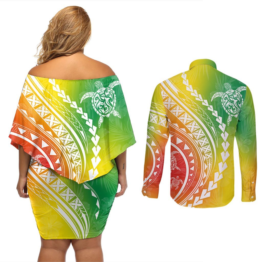 Polynesian Pride Couples Matching Off Shoulder Short Dress and Long Sleeve Button Shirts Turtle Hibiscus Luxury Style - Reggae LT7 - Polynesian Pride