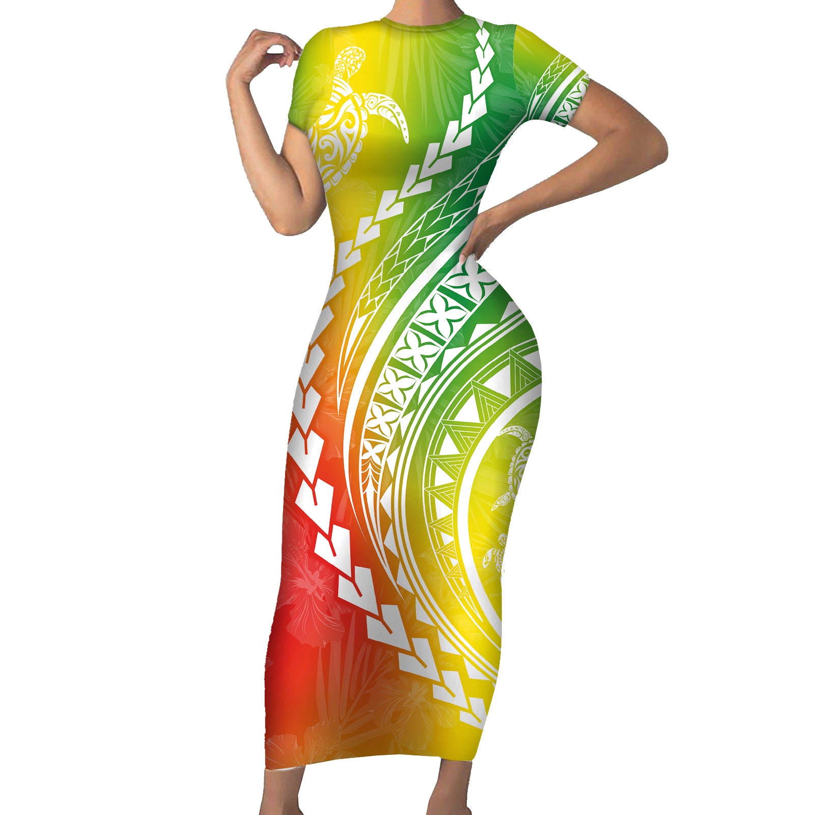 Polynesian Pride Short Sleeve Bodycon Dress Turtle Hibiscus Luxury Style - Reggae LT7 Long Dress Reggae - Polynesian Pride