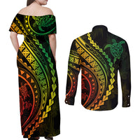 Polynesian Pride Couples Matching Off Shoulder Maxi Dress and Long Sleeve Button Shirts Turtle Hibiscus Luxury Style - Reggae Ver2 LT7 - Polynesian Pride