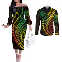 Polynesian Pride Couples Matching Off The Shoulder Long Sleeve Dress and Long Sleeve Button Shirts Turtle Hibiscus Luxury Style - Reggae Ver2 LT7 Reggae - Polynesian Pride