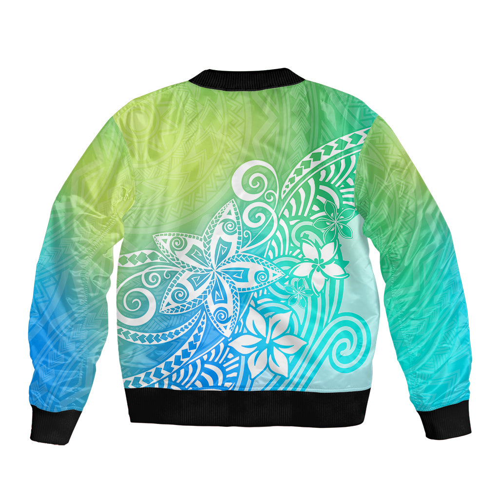 Polynesia Bomber Jacket Plumeria Blue Gradient Curves LT7 - Polynesian Pride