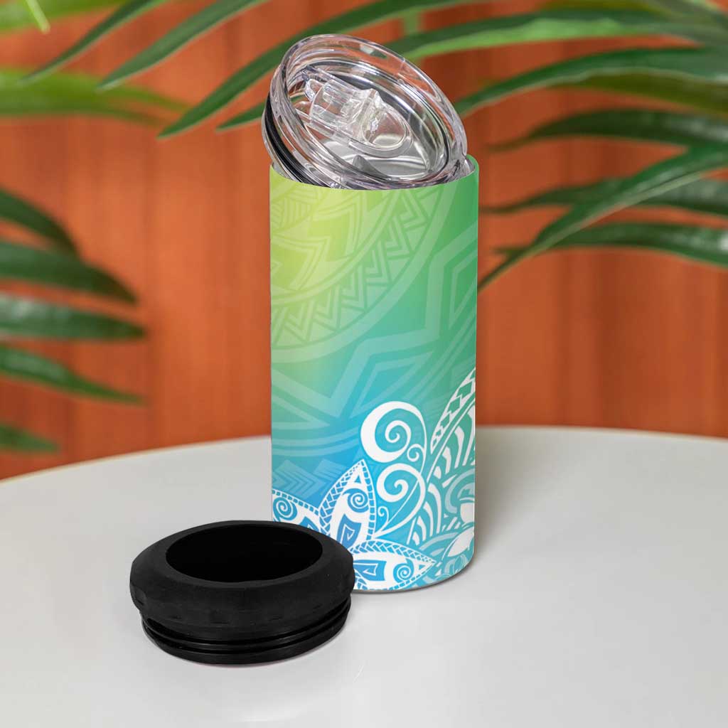 Polynesia 4 in 1 Can Cooler Tumbler Plumeria Blue Gradient Curves