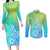 Polynesia Couples Matching Long Sleeve Bodycon Dress and Long Sleeve Button Shirts Plumeria Blue Gradient Curves LT7 Blue Green - Polynesian Pride