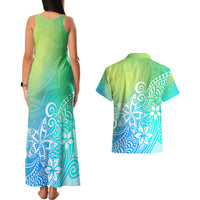 Polynesia Couples Matching Tank Maxi Dress and Hawaiian Shirt Plumeria Blue Gradient Curves LT7 - Polynesian Pride