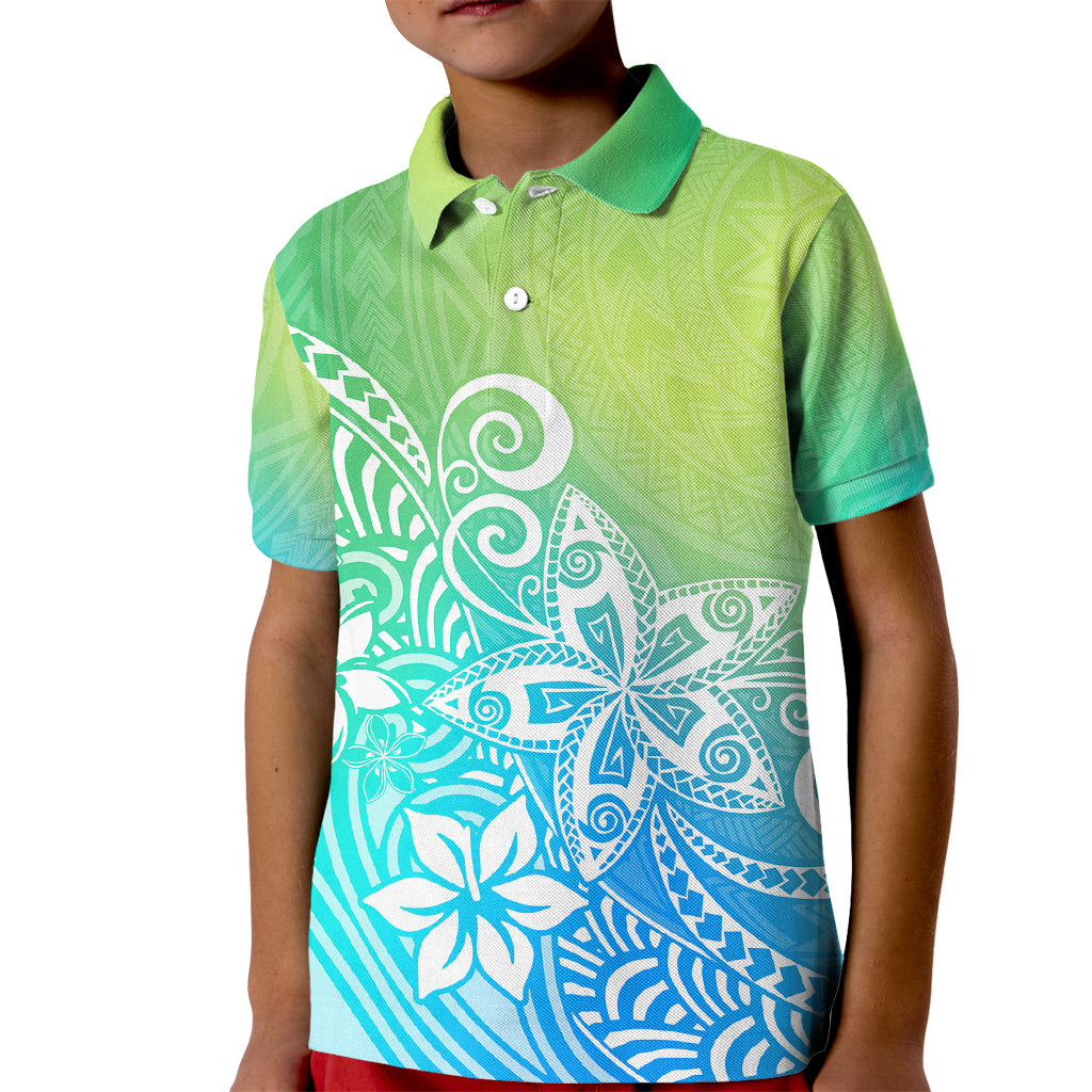 Polynesia Kid Polo Shirt Plumeria Blue Gradient Curves LT7 Kid Blue Green - Polynesian Pride