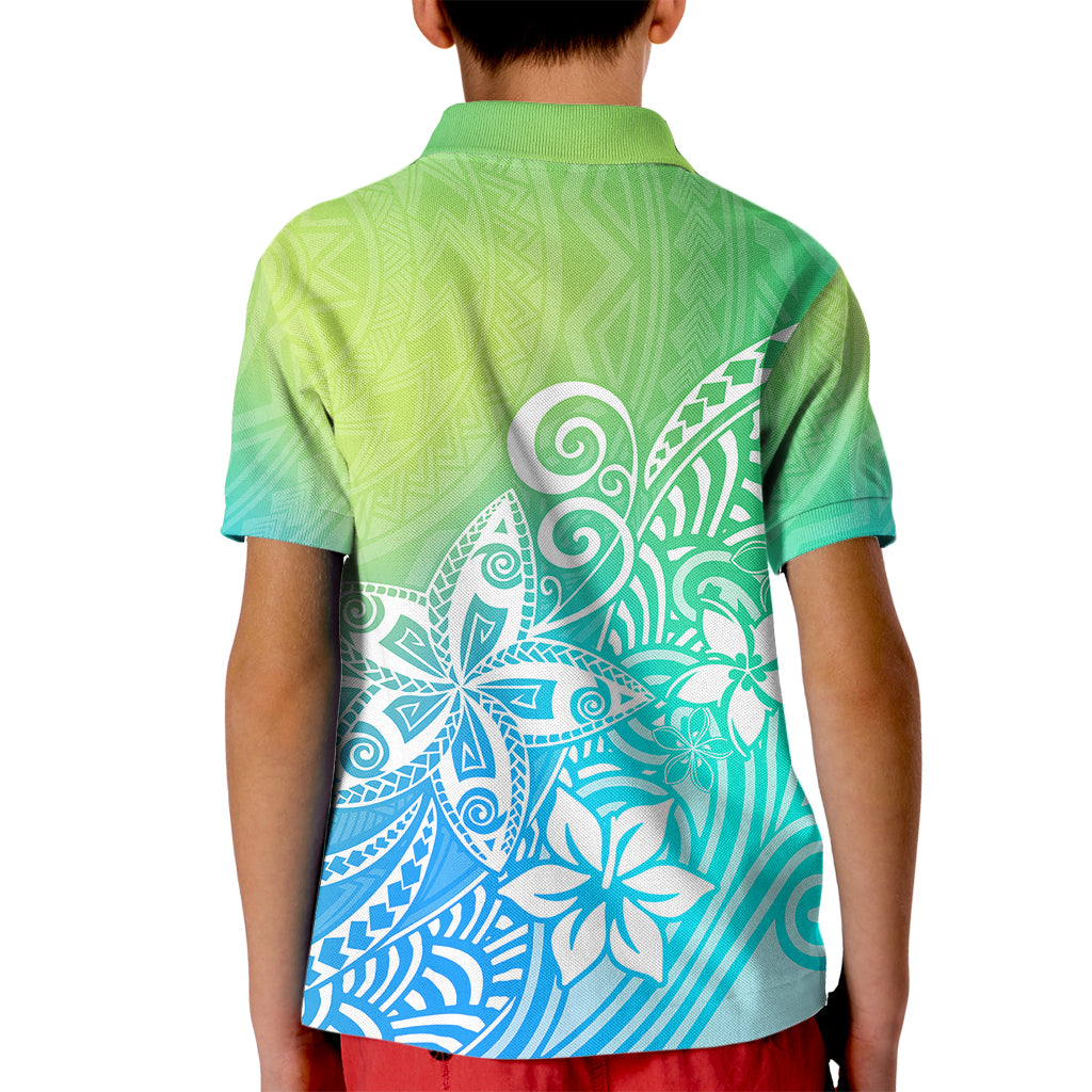 Polynesia Kid Polo Shirt Plumeria Blue Gradient Curves LT7 - Polynesian Pride