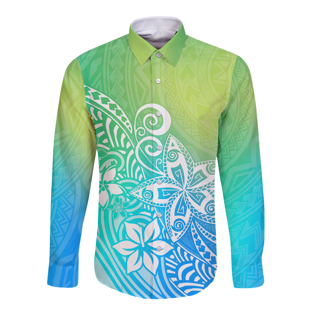 Polynesia Long Sleeve Button Shirt Plumeria Blue Gradient Curves LT7 Unisex Blue Green - Polynesian Pride