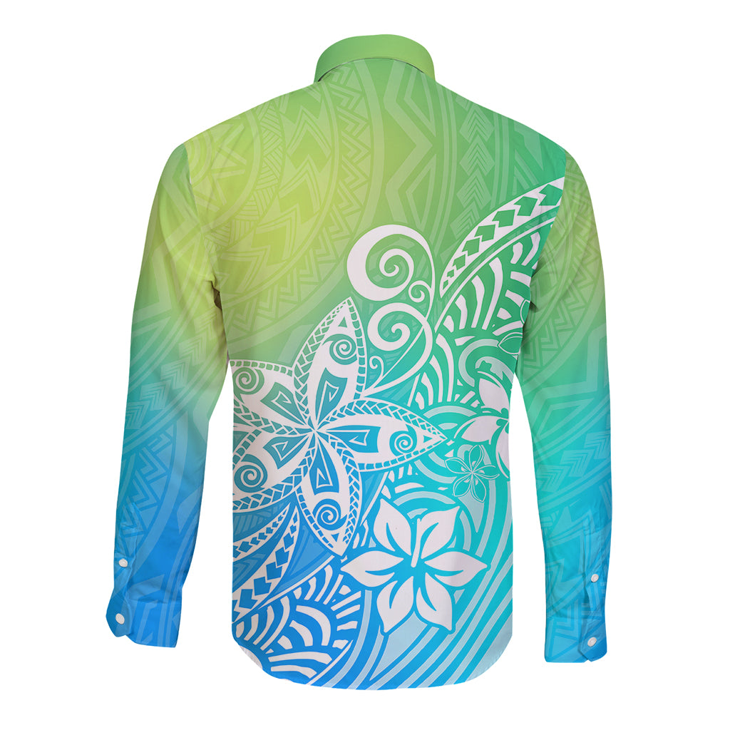 Polynesia Long Sleeve Button Shirt Plumeria Blue Gradient Curves LT7 - Polynesian Pride