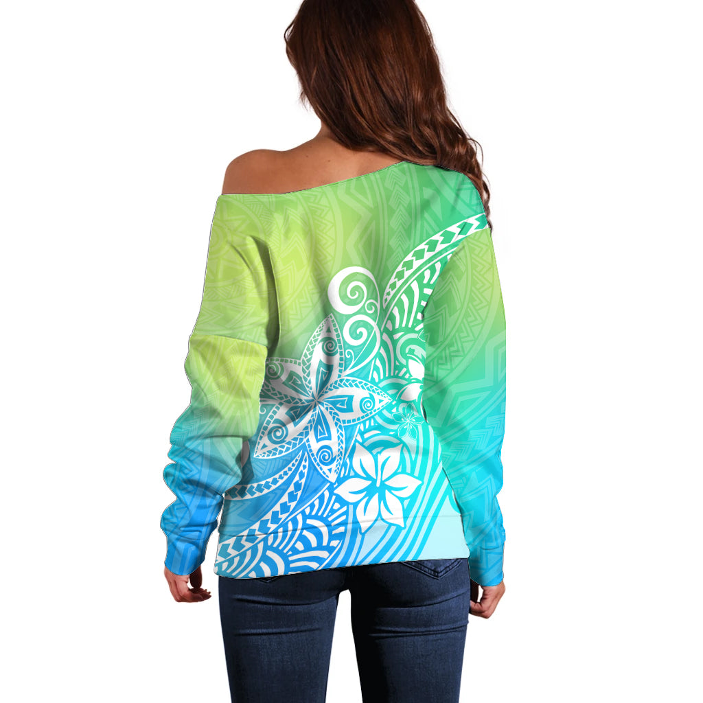 Polynesia Off Shoulder Sweater Plumeria Blue Gradient Curves LT7 - Polynesian Pride