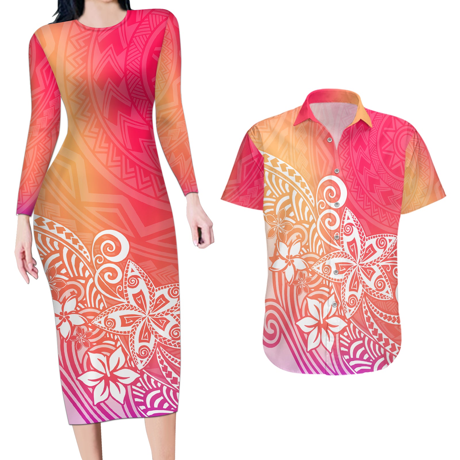 Polynesia Couples Matching Long Sleeve Bodycon Dress and Hawaiian Shirt Plumeria Pink Gradient Curves LT7 Pink - Polynesian Pride