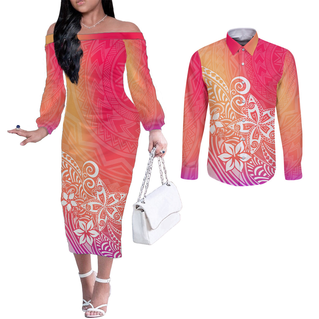 Polynesia Couples Matching Off The Shoulder Long Sleeve Dress and Long Sleeve Button Shirts Plumeria Pink Gradient Curves LT7 Pink - Polynesian Pride
