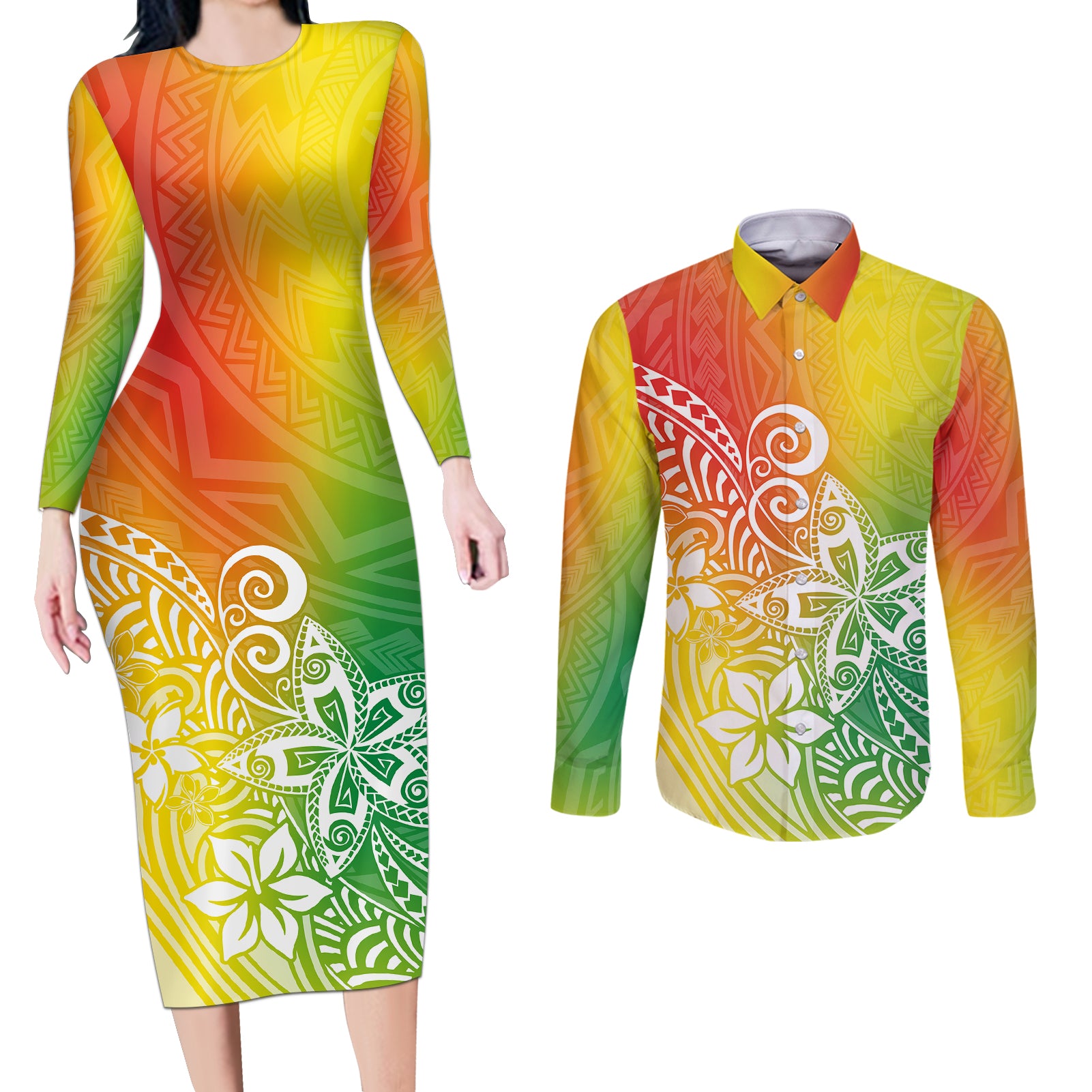 Polynesia Couples Matching Long Sleeve Bodycon Dress and Long Sleeve Button Shirts Plumeria Reggae Curves LT7 Reggae - Polynesian Pride