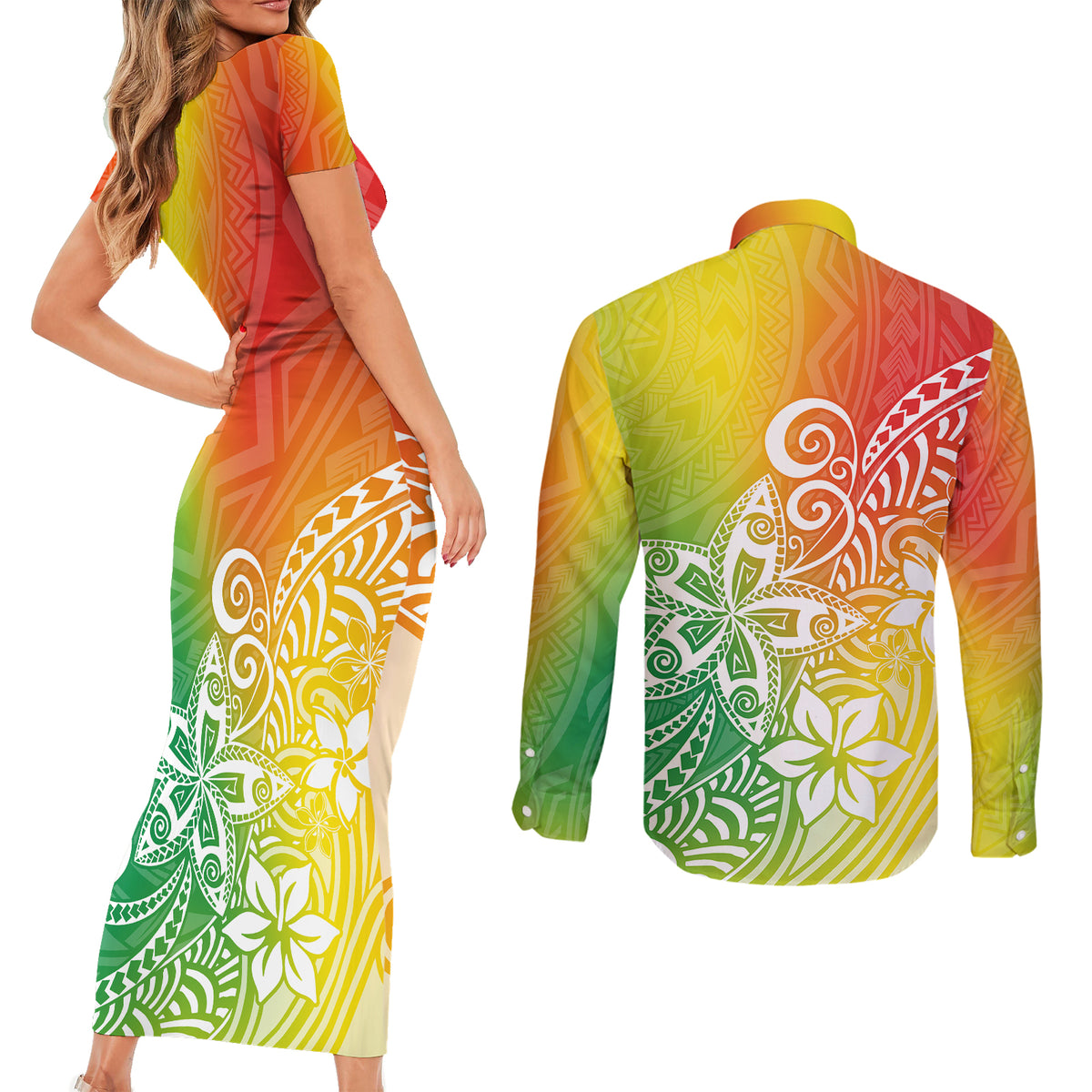 Polynesia Couples Matching Short Sleeve Bodycon Dress and Long Sleeve Button Shirts Plumeria Reggae Curves LT7 - Polynesian Pride