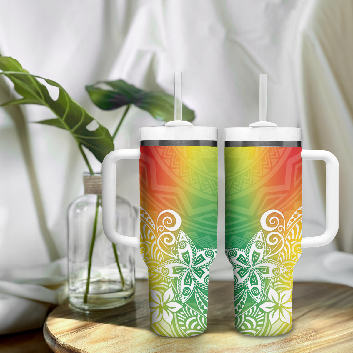 Polynesia Tumbler With Handle Plumeria Reggae Curves
