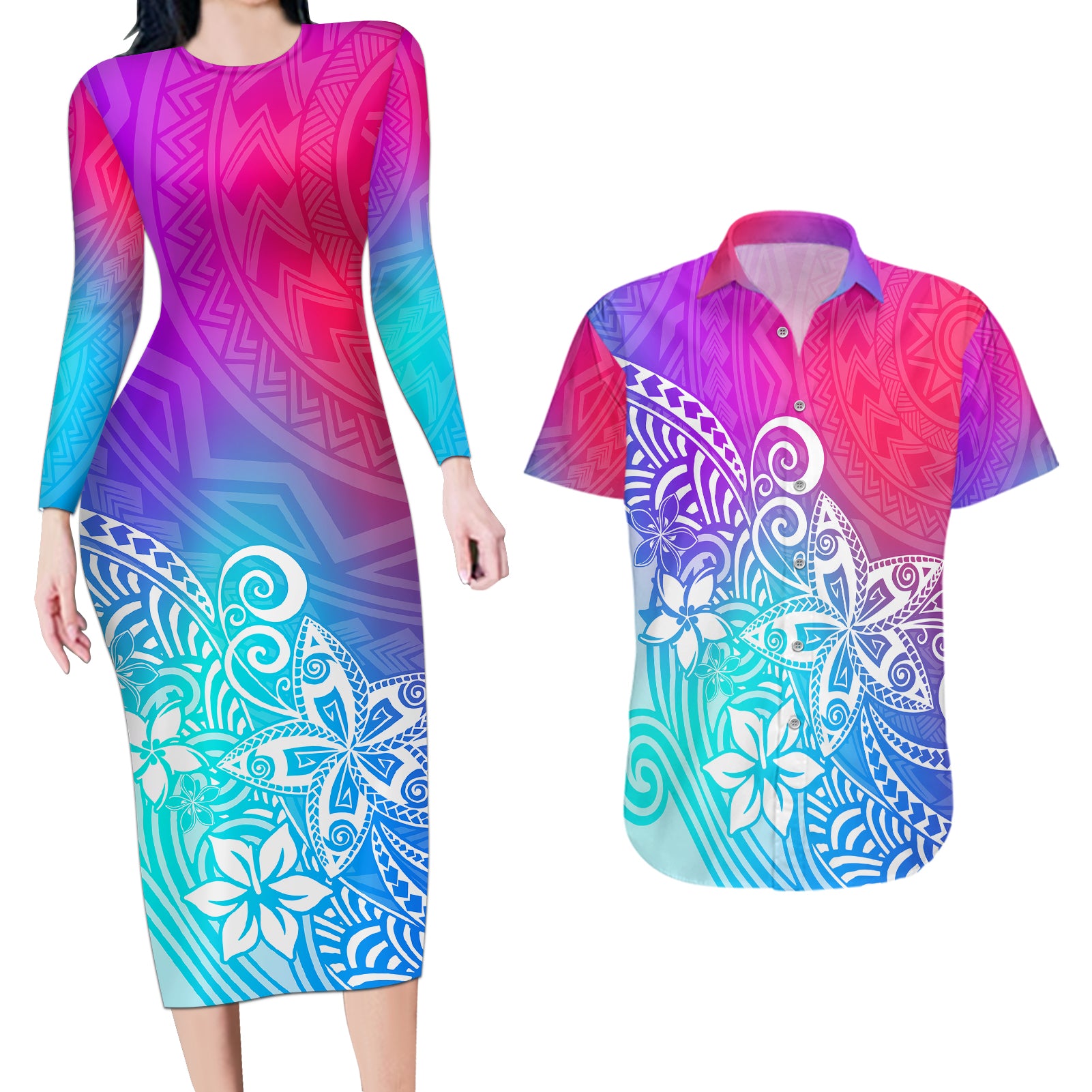 Polynesia Couples Matching Long Sleeve Bodycon Dress and Hawaiian Shirt Plumeria Galaxy Gradient Curves LT7 Galaxy - Polynesian Pride