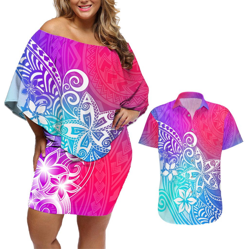 Polynesia Couples Matching Off Shoulder Short Dress and Hawaiian Shirt Plumeria Galaxy Gradient Curves LT7 Galaxy - Polynesian Pride
