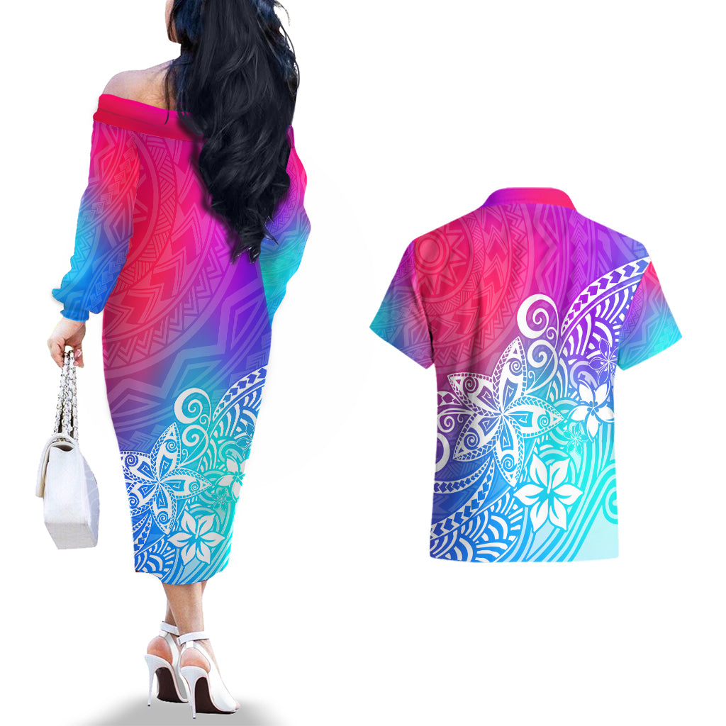 Polynesia Couples Matching Off The Shoulder Long Sleeve Dress and Hawaiian Shirt Plumeria Galaxy Gradient Curves LT7 - Polynesian Pride
