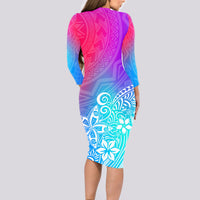 Polynesia Long Sleeve Bodycon Dress Plumeria Galaxy Gradient Curves LT7 - Polynesian Pride