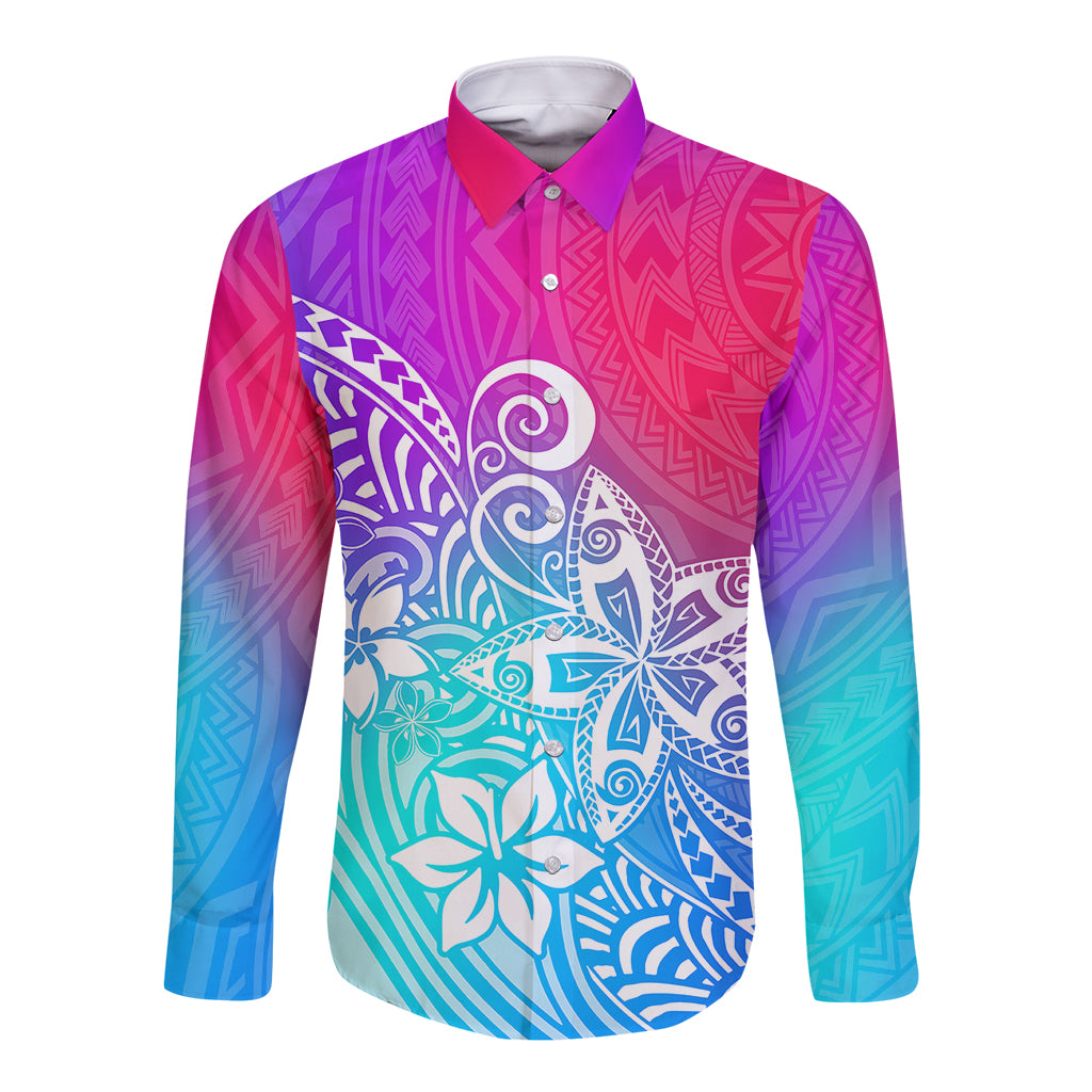 Polynesia Long Sleeve Button Shirt Plumeria Galaxy Gradient Curves LT7 Unisex Galaxy - Polynesian Pride