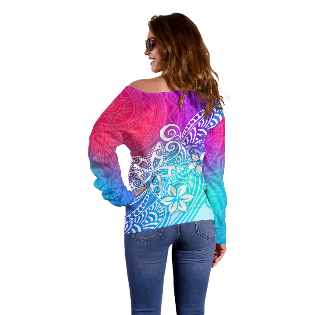Polynesia Off Shoulder Sweater Plumeria Galaxy Gradient Curves LT7 - Polynesian Pride