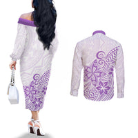 Polynesia Couples Matching Off The Shoulder Long Sleeve Dress and Long Sleeve Button Shirts Plumeria Lavender Curves LT7 - Polynesian Pride