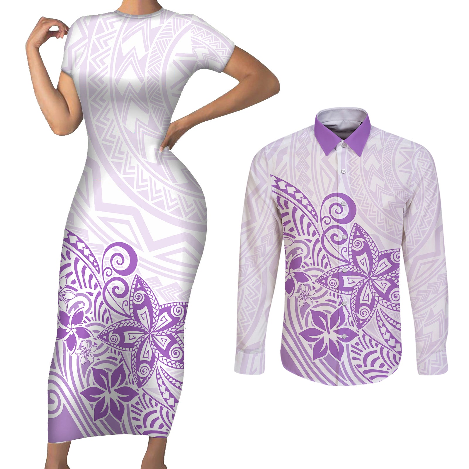 Polynesia Couples Matching Short Sleeve Bodycon Dress and Long Sleeve Button Shirts Plumeria Lavender Curves LT7 Purple - Polynesian Pride