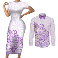 Polynesia Couples Matching Short Sleeve Bodycon Dress and Long Sleeve Button Shirts Plumeria Lavender Curves LT7 Purple - Polynesian Pride