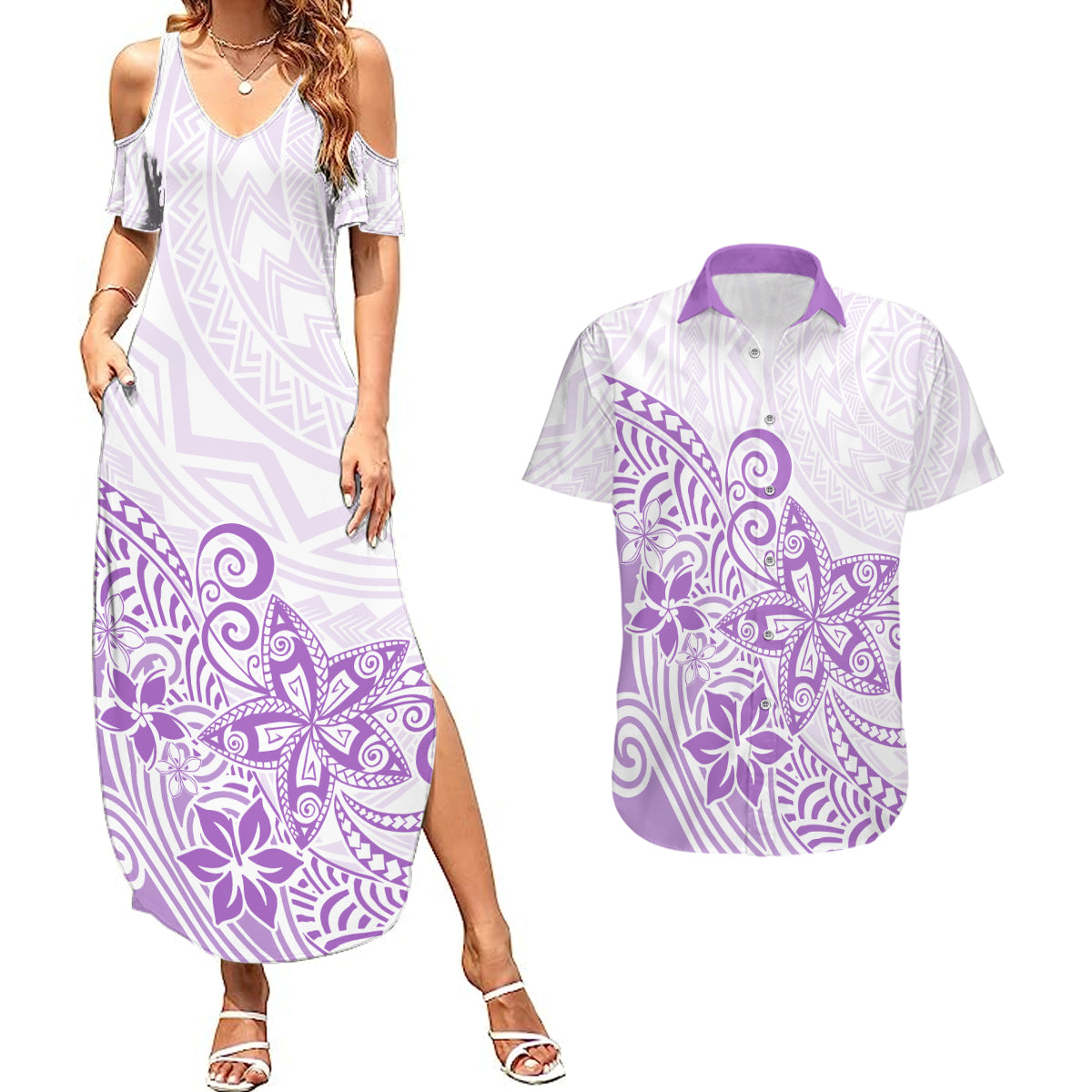 Polynesia Couples Matching Summer Maxi Dress and Hawaiian Shirt Plumeria Lavender Curves LT7 Purple - Polynesian Pride