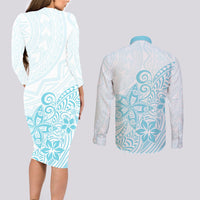 Polynesia Couples Matching Long Sleeve Bodycon Dress and Long Sleeve Button Shirts Plumeria Turquoise Curves LT7 - Polynesian Pride