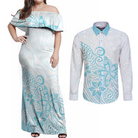 Polynesia Couples Matching Off Shoulder Maxi Dress and Long Sleeve Button Shirts Plumeria Turquoise Curves LT7 Turquoise - Polynesian Pride