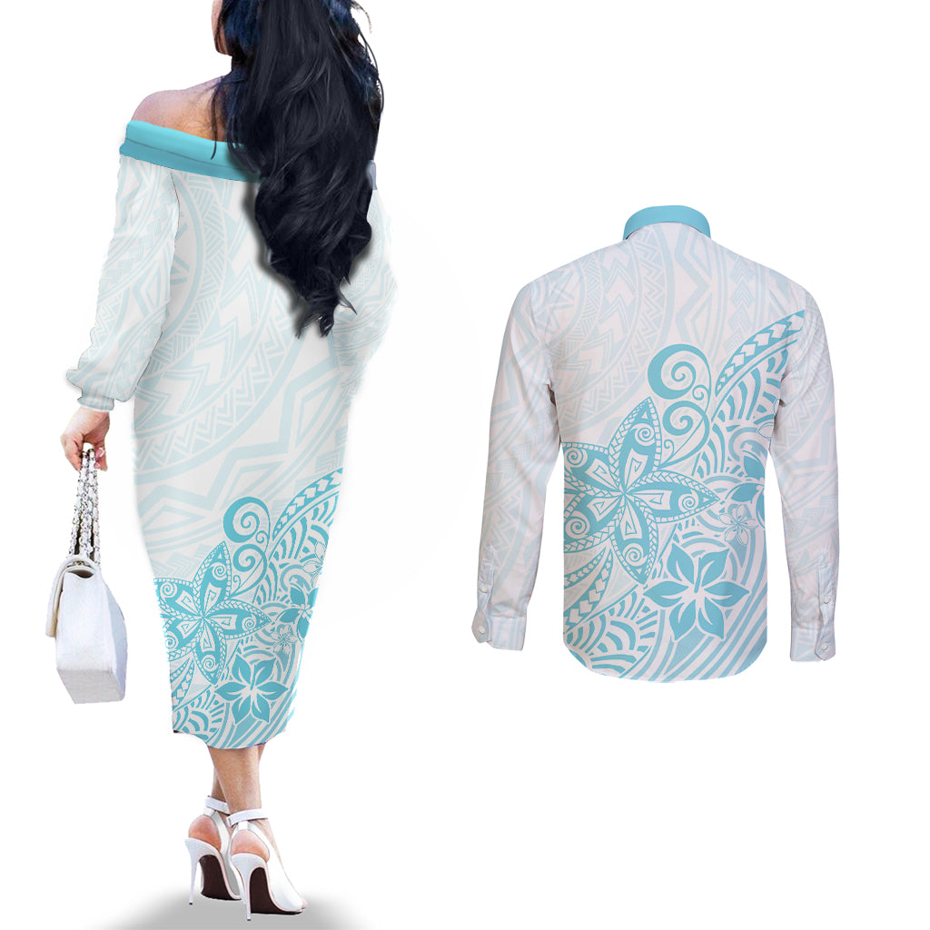 Polynesia Couples Matching Off The Shoulder Long Sleeve Dress and Long Sleeve Button Shirts Plumeria Turquoise Curves LT7 - Polynesian Pride
