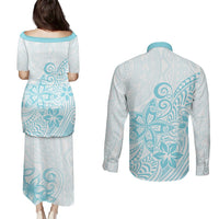 Polynesia Couples Matching Puletasi Dress and Long Sleeve Button Shirts Plumeria Turquoise Curves LT7 - Polynesian Pride