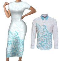 Polynesia Couples Matching Short Sleeve Bodycon Dress and Long Sleeve Button Shirts Plumeria Turquoise Curves LT7 Turquoise - Polynesian Pride
