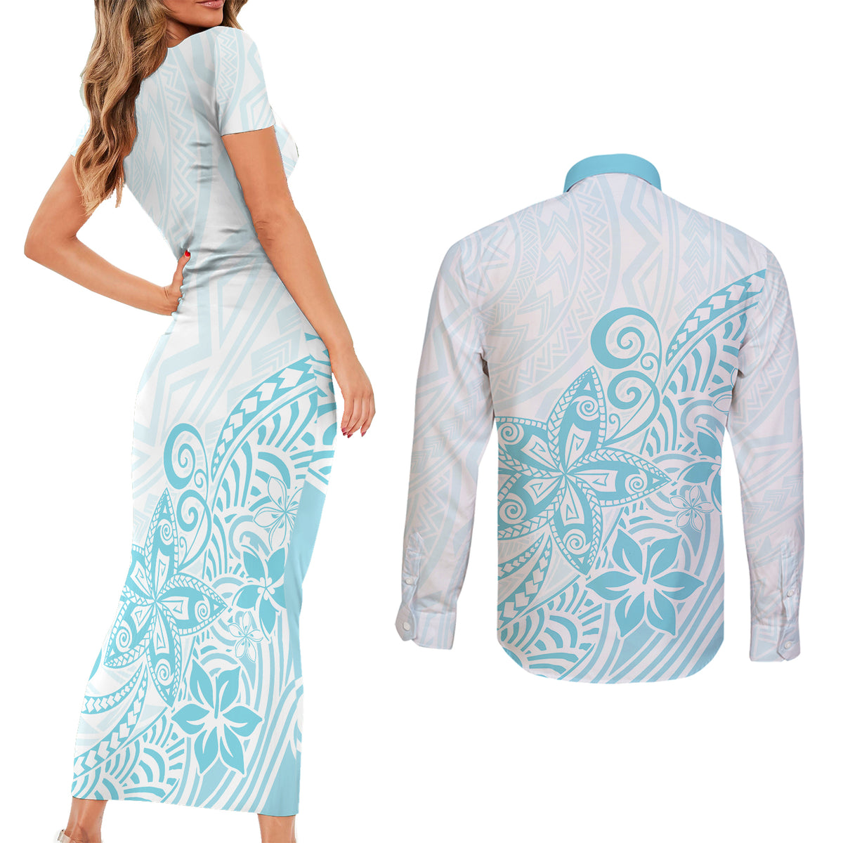 Polynesia Couples Matching Short Sleeve Bodycon Dress and Long Sleeve Button Shirts Plumeria Turquoise Curves LT7 - Polynesian Pride