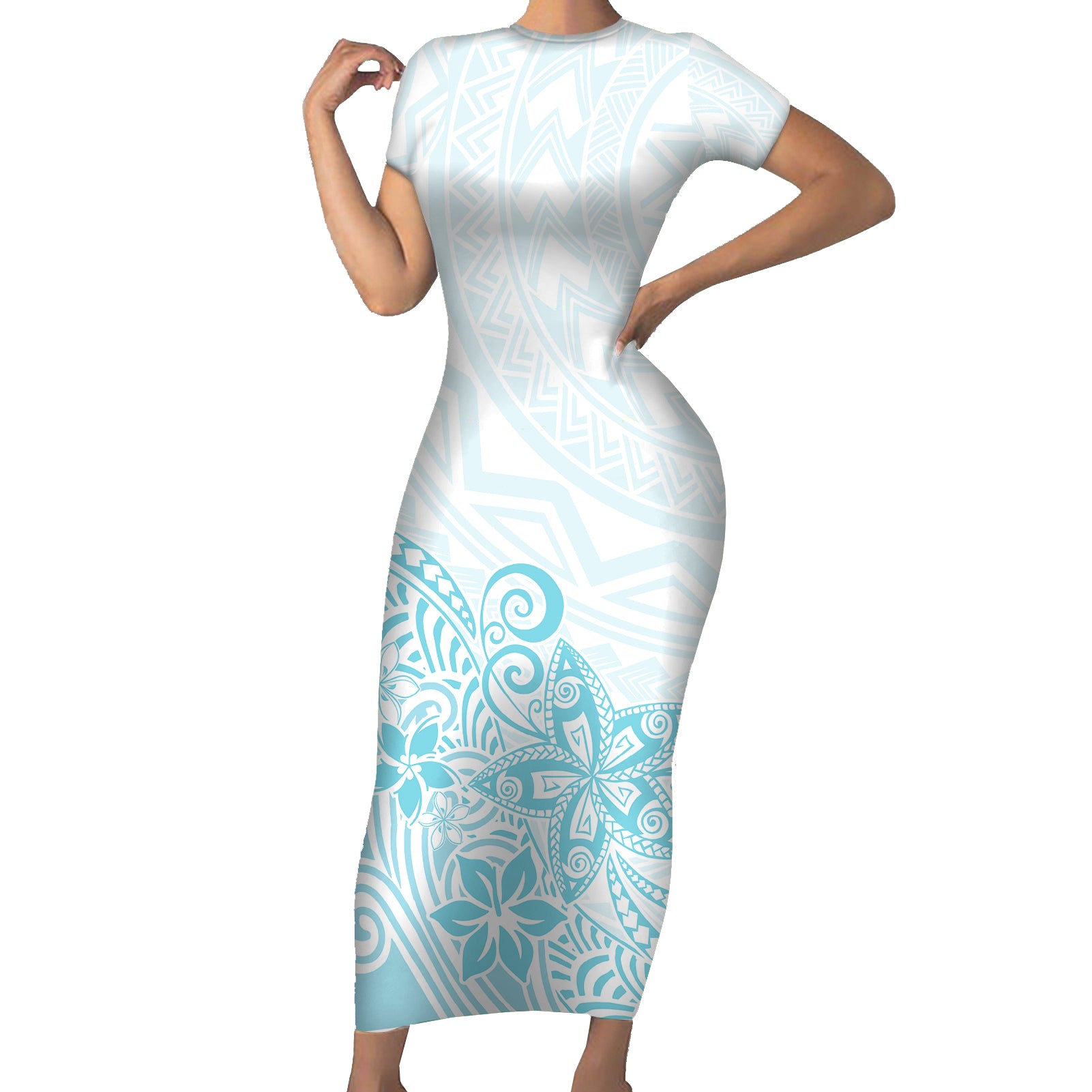 Polynesia Short Sleeve Bodycon Dress Plumeria Turquoise Curves LT7 Long Dress Turquoise - Polynesian Pride