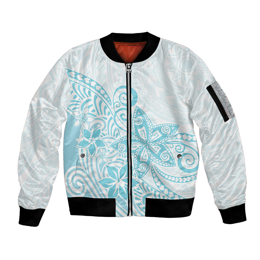 Polynesia Sleeve Zip Bomber Jacket Plumeria Turquoise Curves LT7 Unisex Turquoise - Polynesian Pride