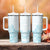 Polynesia Tumbler With Handle Plumeria Turquoise Curves