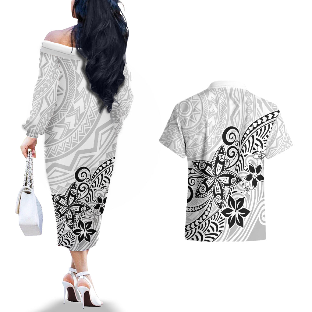 Polynesia Couples Matching Off The Shoulder Long Sleeve Dress and Hawaiian Shirt Plumeria White Curves LT7 - Polynesian Pride