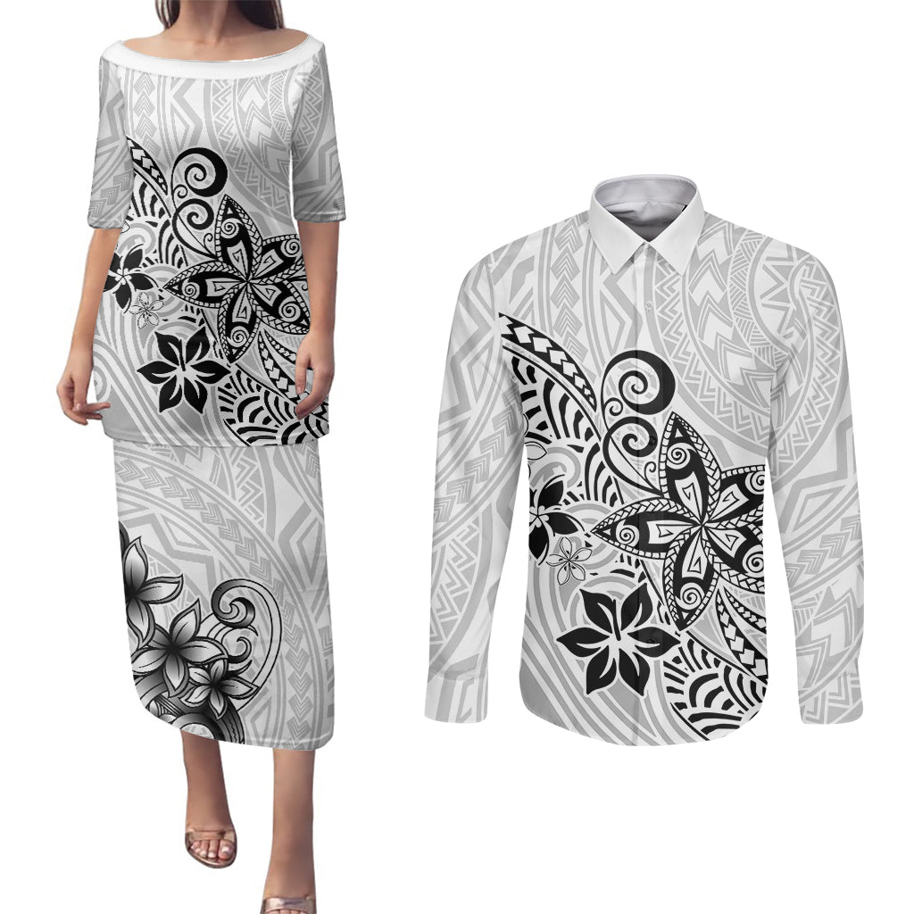 Polynesia Couples Matching Puletasi Dress and Long Sleeve Button Shirts Plumeria White Curves LT7 White - Polynesian Pride