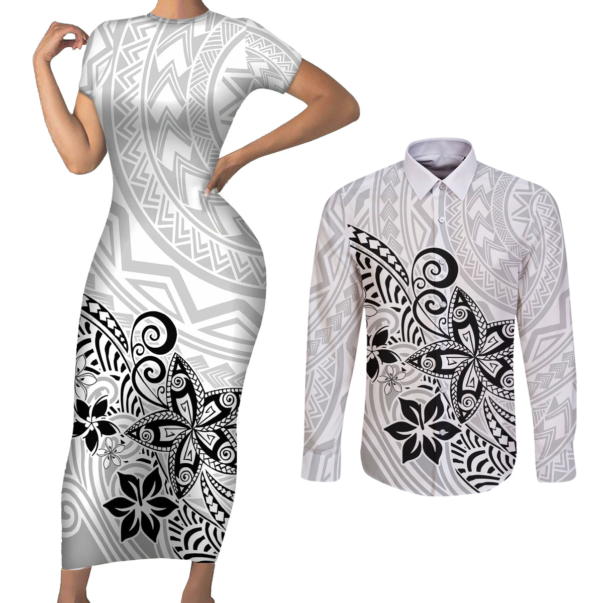 Polynesia Couples Matching Short Sleeve Bodycon Dress and Long Sleeve Button Shirts Plumeria White Curves LT7 White - Polynesian Pride