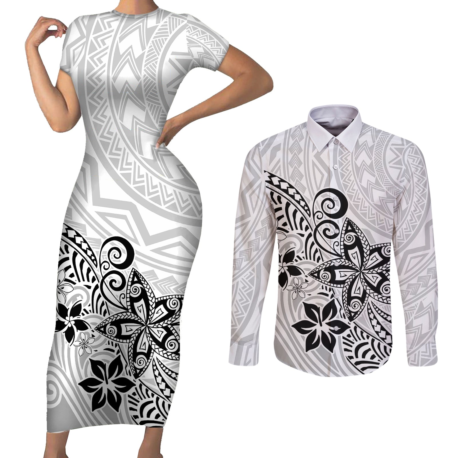 Polynesia Couples Matching Short Sleeve Bodycon Dress and Long Sleeve Button Shirts Plumeria White Curves LT7 White - Polynesian Pride