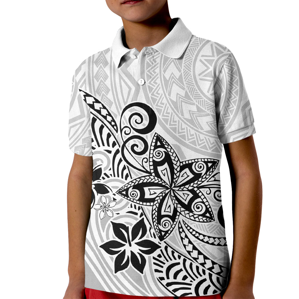 Polynesia Kid Polo Shirt Plumeria White Curves LT7 Kid White - Polynesian Pride