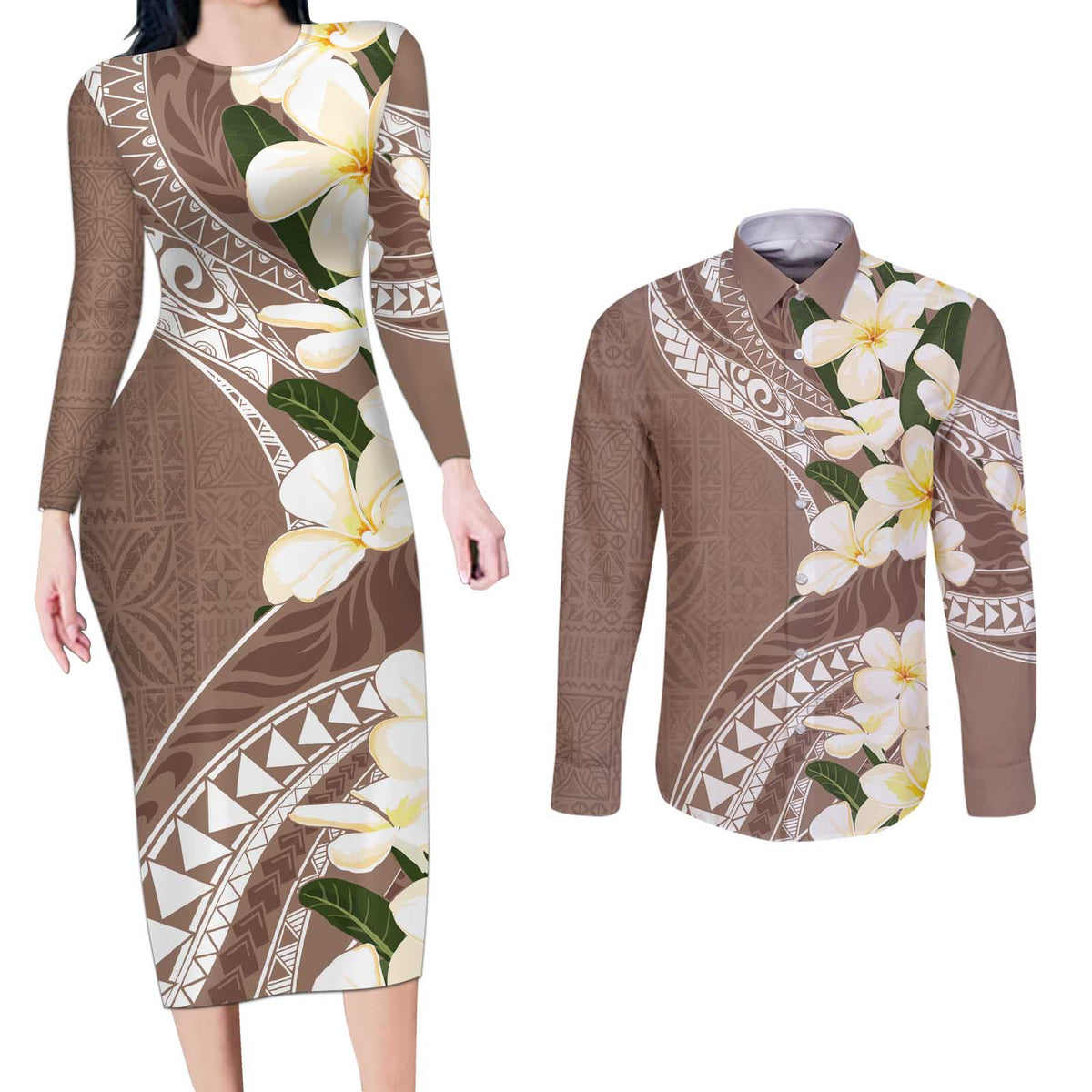 Aloha Hawaii Festive Couples Matching Long Sleeve Bodycon Dress and Long Sleeve Button Shirt Frangipani Lace Classic - Beige LT7 Beige - Polynesian Pride