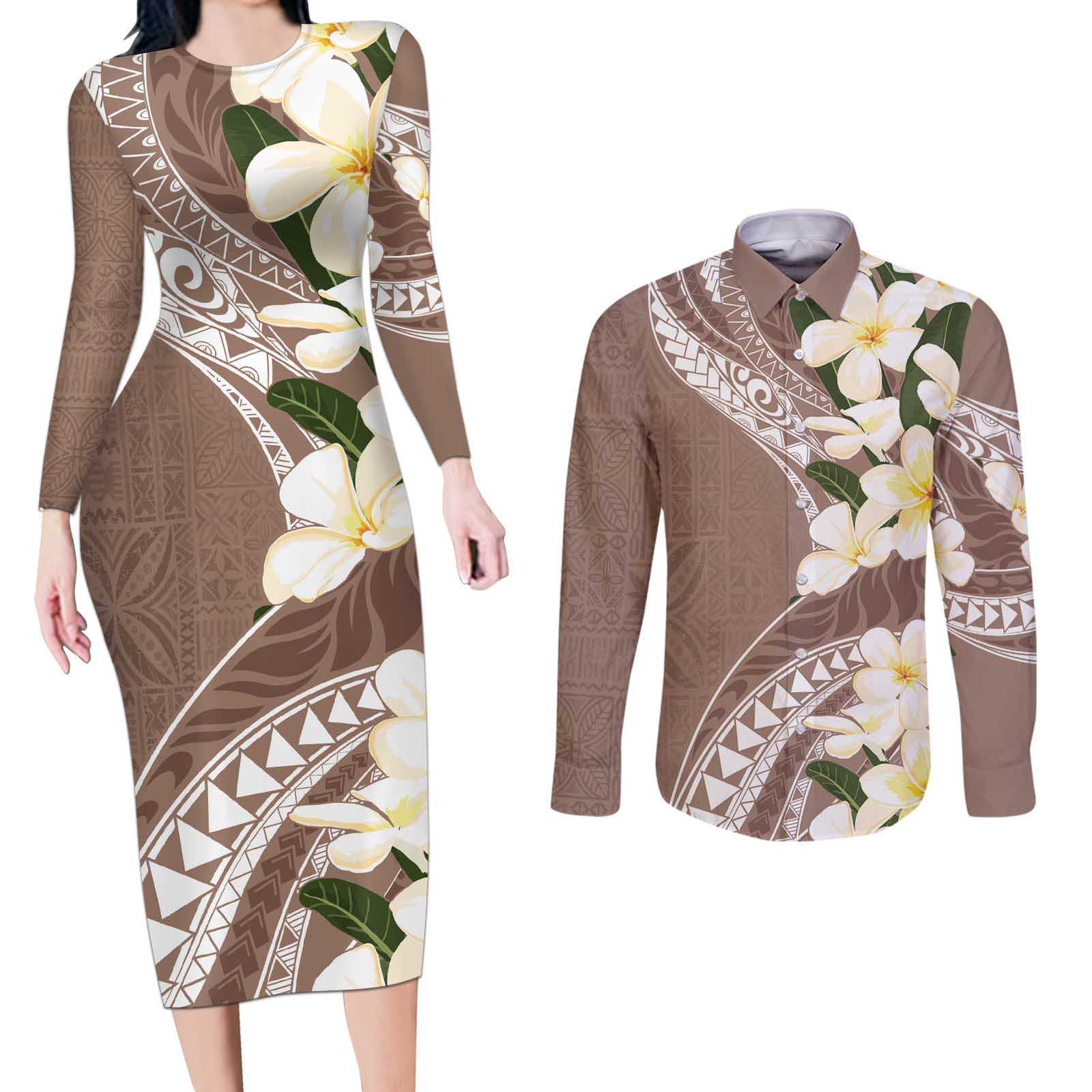 Aloha Hawaii Festive Couples Matching Long Sleeve Bodycon Dress and Long Sleeve Button Shirt Frangipani Lace Classic - Beige LT7 Beige - Polynesian Pride