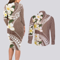 Aloha Hawaii Festive Couples Matching Long Sleeve Bodycon Dress and Long Sleeve Button Shirt Frangipani Lace Classic - Beige LT7 - Polynesian Pride