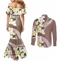 Aloha Hawaii Festive Couples Matching Mermaid Dress and Long Sleeve Button Shirt Frangipani Lace Classic - Beige LT7 - Polynesian Pride